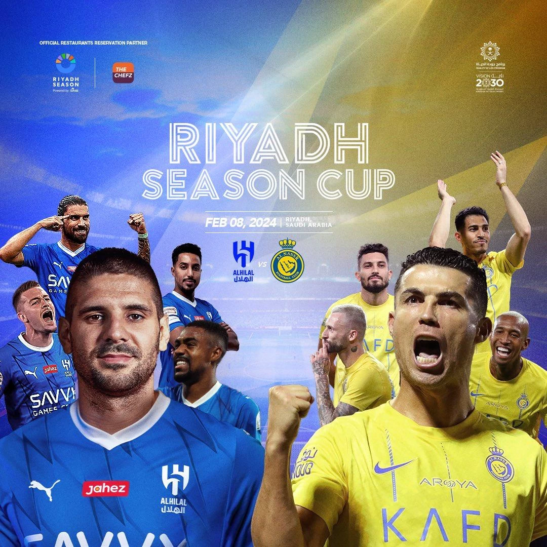 مساء اليوم الخميس ، الهلال والنصر يتنافسان للظفر بكأس موسم الرياض. 