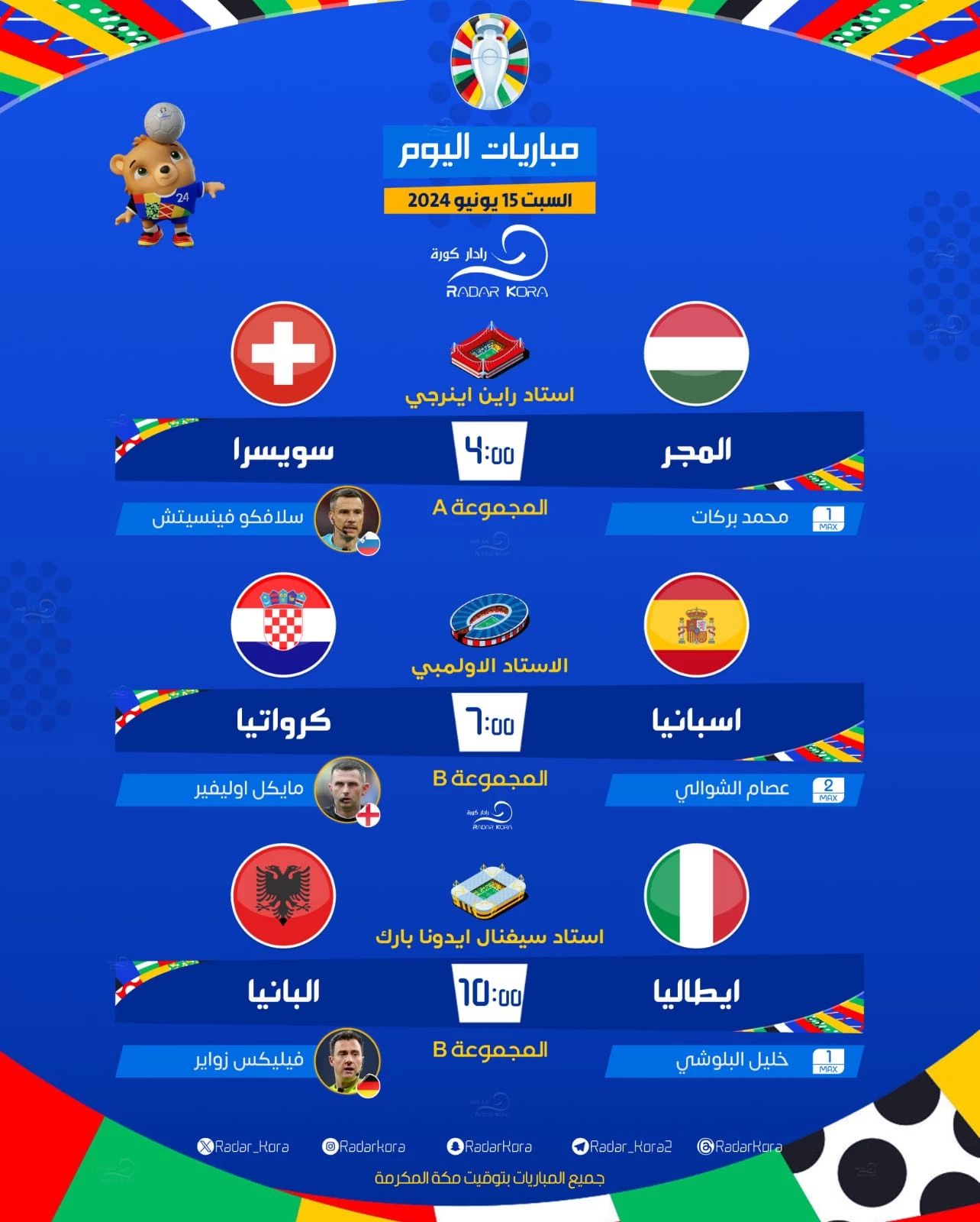 يورو 2024 .. لقاء القمة يجمع إسبانيا وكرواتيا والمجر ضد سويسرا وإيطاليا تلاقي ألبانيا 