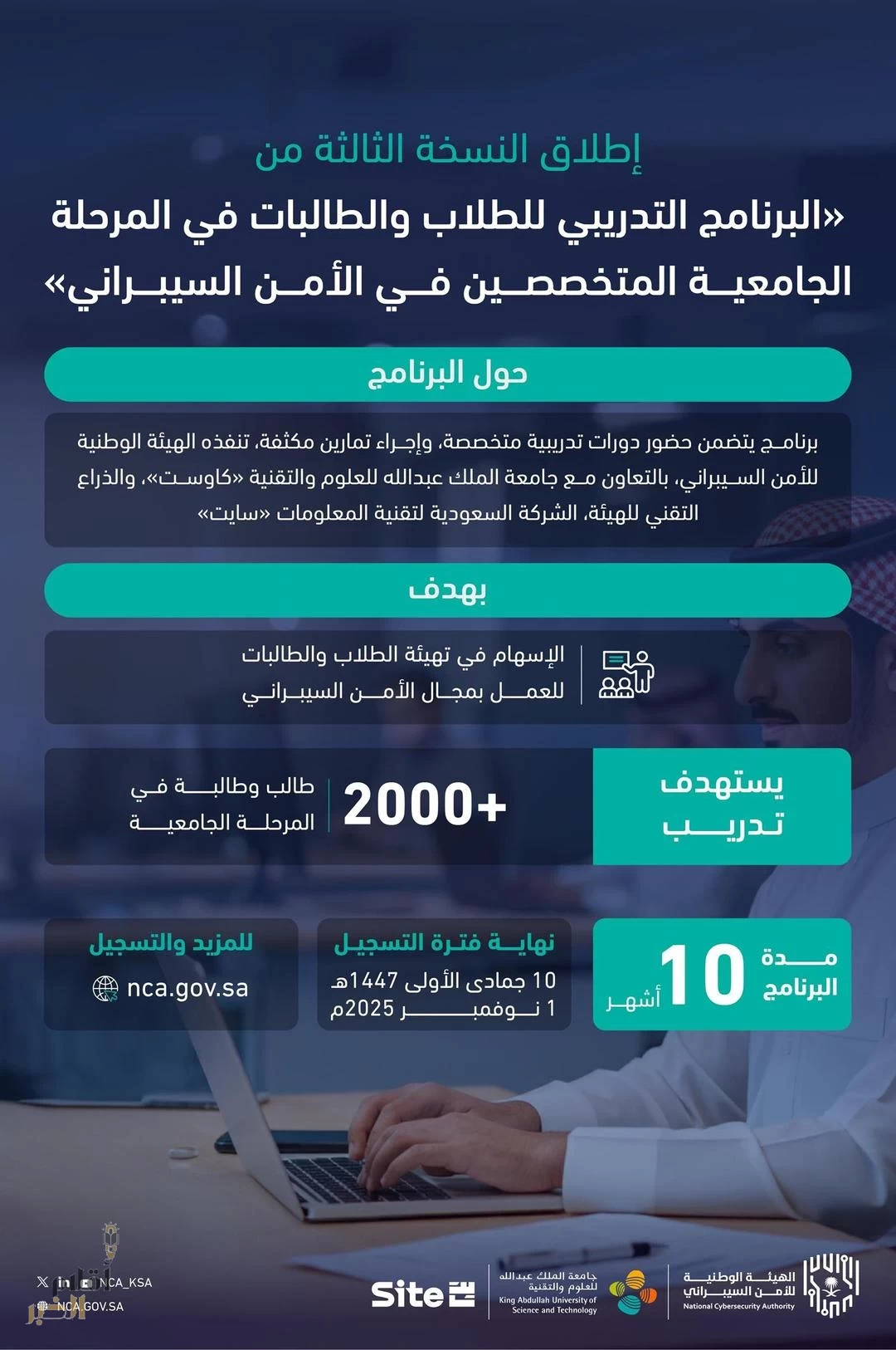 إطلاق النسخة الثالثة من "البرنامج التدريبي للطلاب والطالبات في المرحلة الجامعية المتخصصين في الأمن السيبراني"