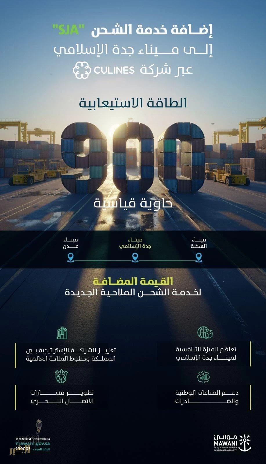 "موانئ": إضافة خدمة الشحن "sja" التابعة لشركة "culines" إلى ميناء جدة الإسلامي