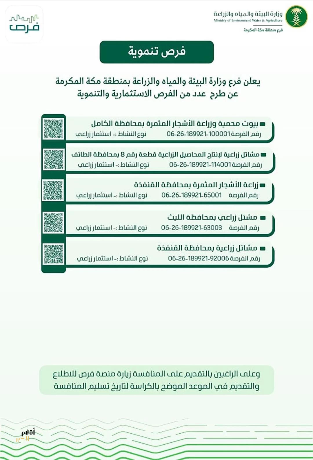 "‏بيئة مكة" تطرح 5 فرص استثمارية وتنموية لتعزيز القطاعات الزراعية والحيوانية والبيئية