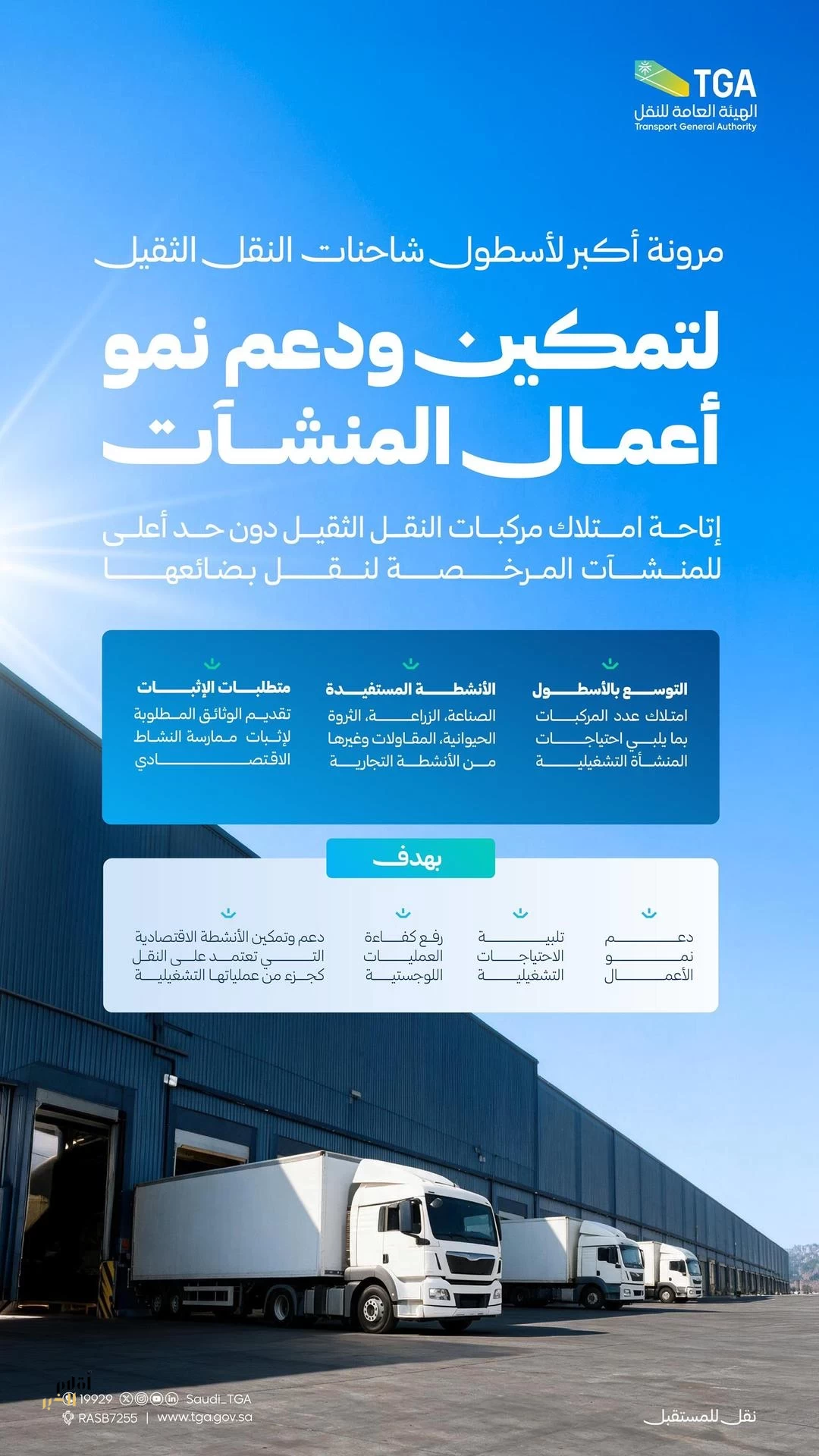 "هيئة النقل" تتيح مرونة أكبر لأسطول شاحنات المُرخصين في نشاط النقل الثقيل للبضائع لأغراض تجارية "لصالح المنشأة"