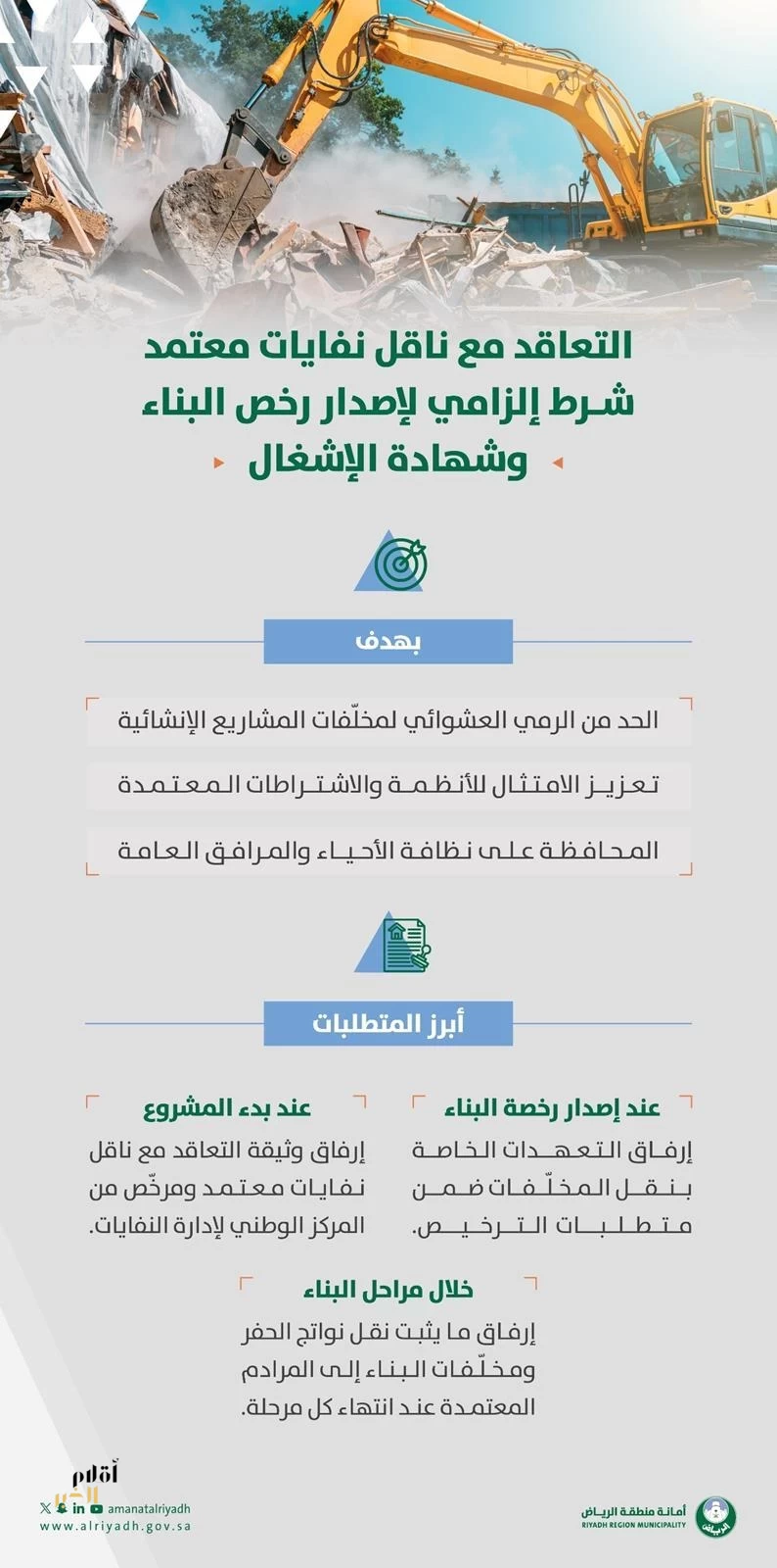 أمانة الرياض تلزم المكاتب الهندسية والاستشارية بإرفاق وثائق التعاقد مع ناقل نفايات معتمد لإصدار رخصة البناء وشهادة الإشغال