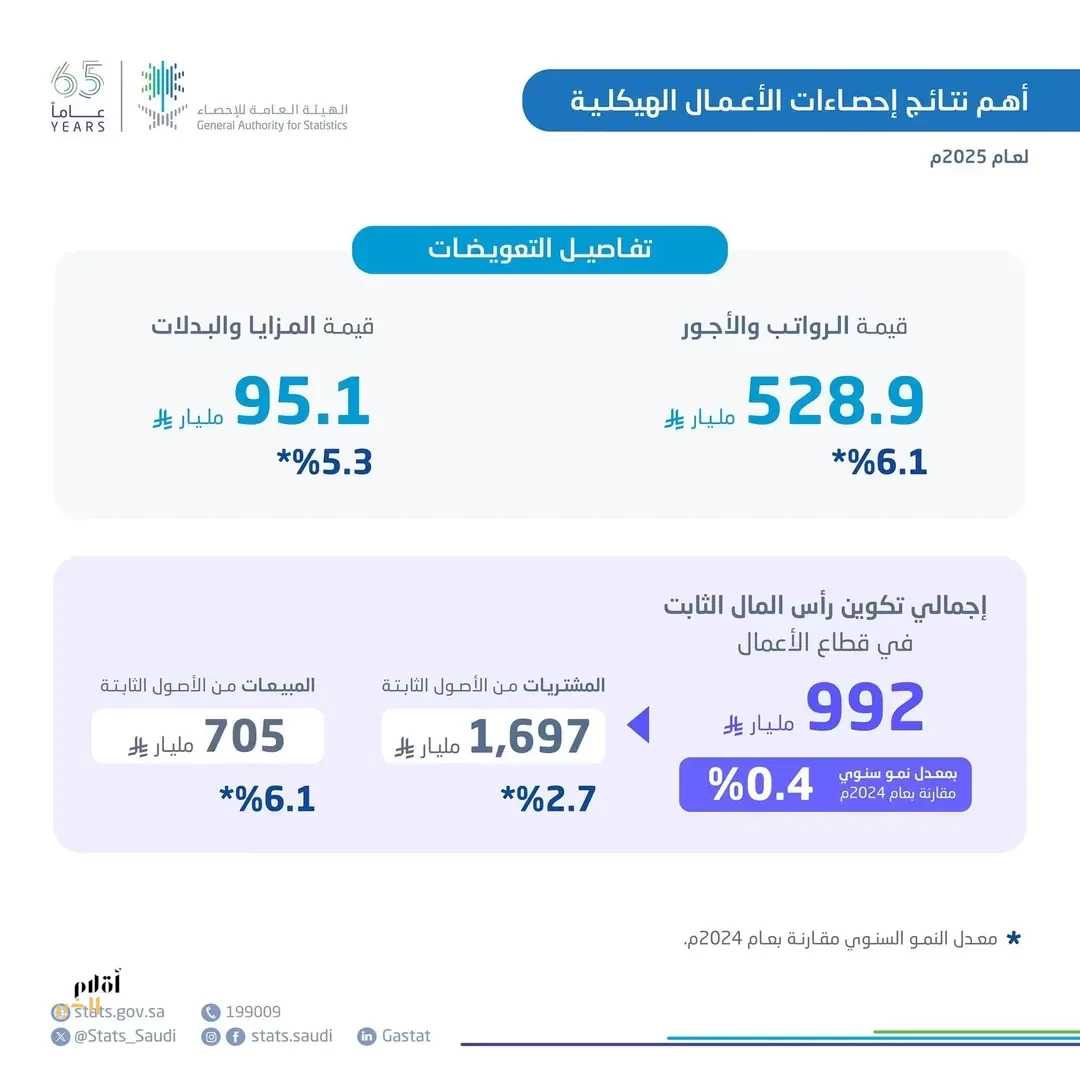 "الإحصاء": نمو الإيرادات التشغيلية لقطاع الأعمال بنسبة 2.3% خلال عام 2025