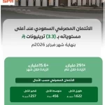 الائتمان المصرفي في المملكة عند أعلى مستوياته بـ3.3 تريليونات ريال بنهاية فبراير 2026