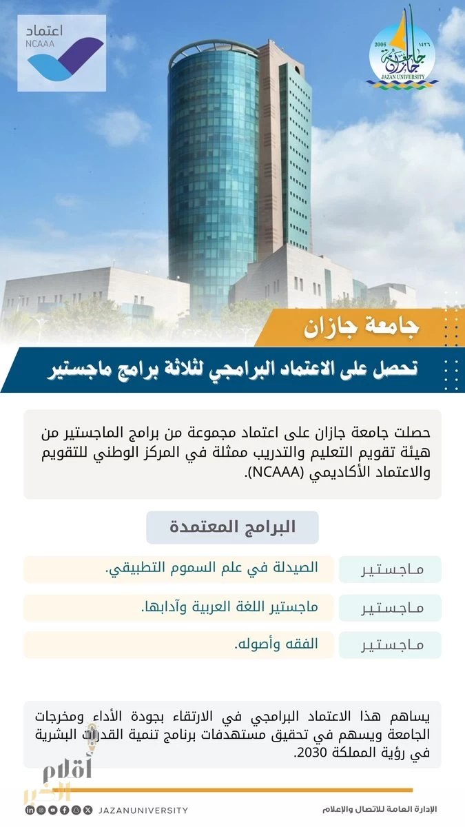 جامعة جازان تحصل على الاعتماد البرامجي لثلاثة برامج ماجستير