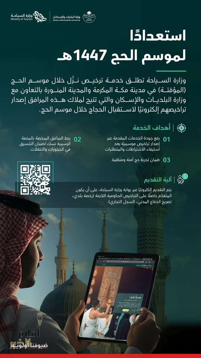 وزارة السياحة تطلق خدمة ترخيص النزل خلال موسم الحج "المؤقتة" في مدينتي مكة المكرمة والمدينة المنورة