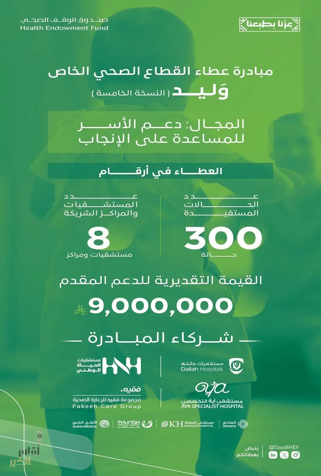 صندوق الوقف الصحي يطلق النسخة الخامسة من مبادرة عطاء القطاع الصحي الخاص "وَليد" تزامنًا مع اليوم الوطني الـ95