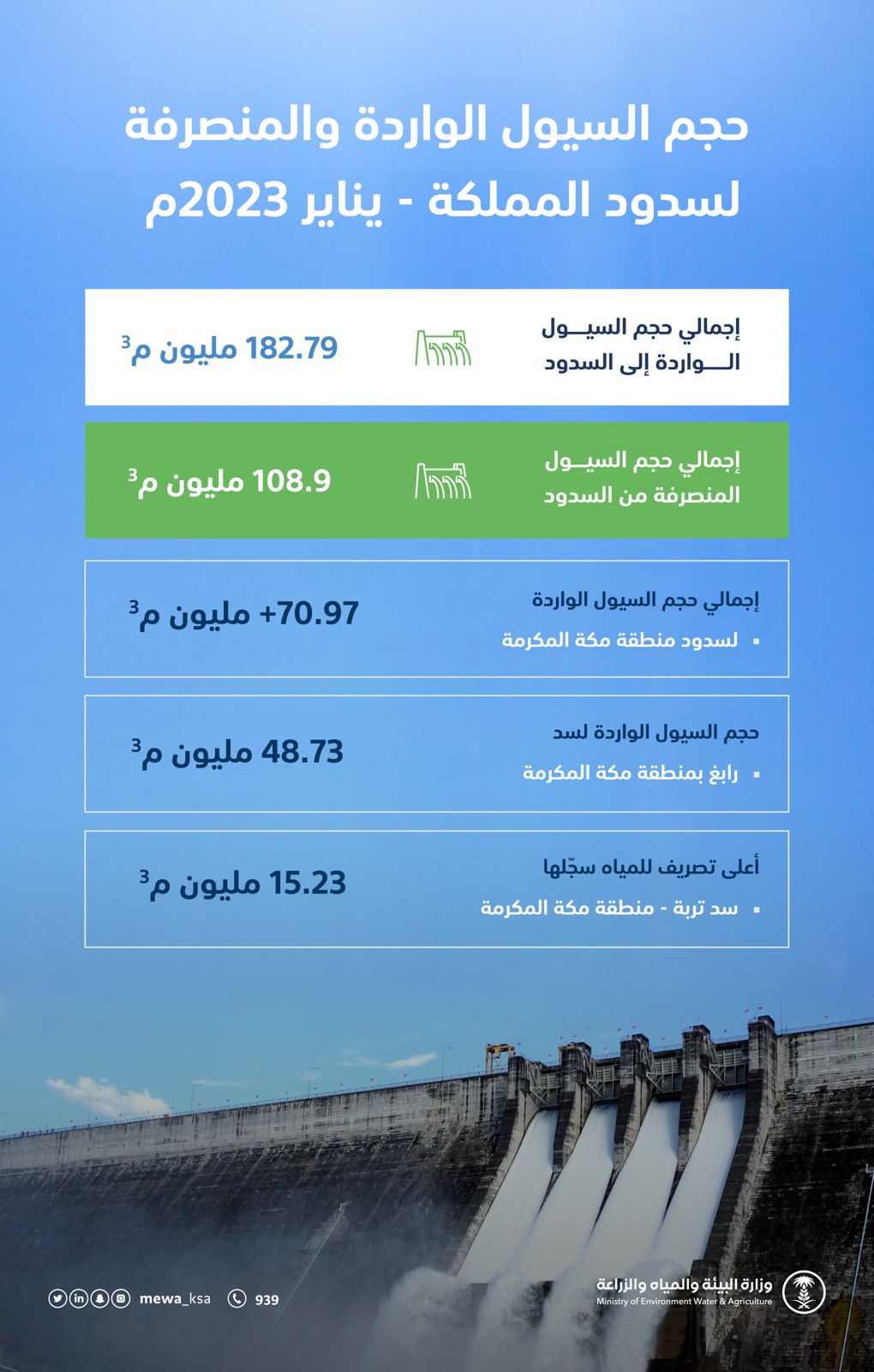 "البيئة": متوسط الأمطار لشهر يناير هو الأعلى منذ (40) عامًا وحصاد المياه بالسدود تجاوز (180) مليون متر مكعب