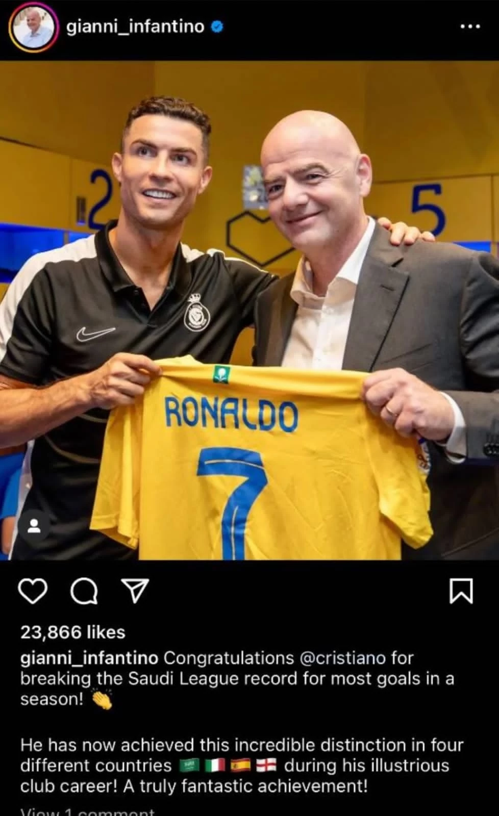 رئيس الـ FIFA يوجه رسالة لرونالدو بعد تحطيمه الرقم القياسي لهداف دوري المحترفين