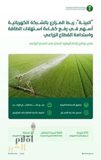 "البيئة": إيصال الكهرباء لـ 213 مزرعة ضمن برنامج إزاحة الوقود السائل أسهم في تخفيض تكلفة الطاقة بنسبة 60%