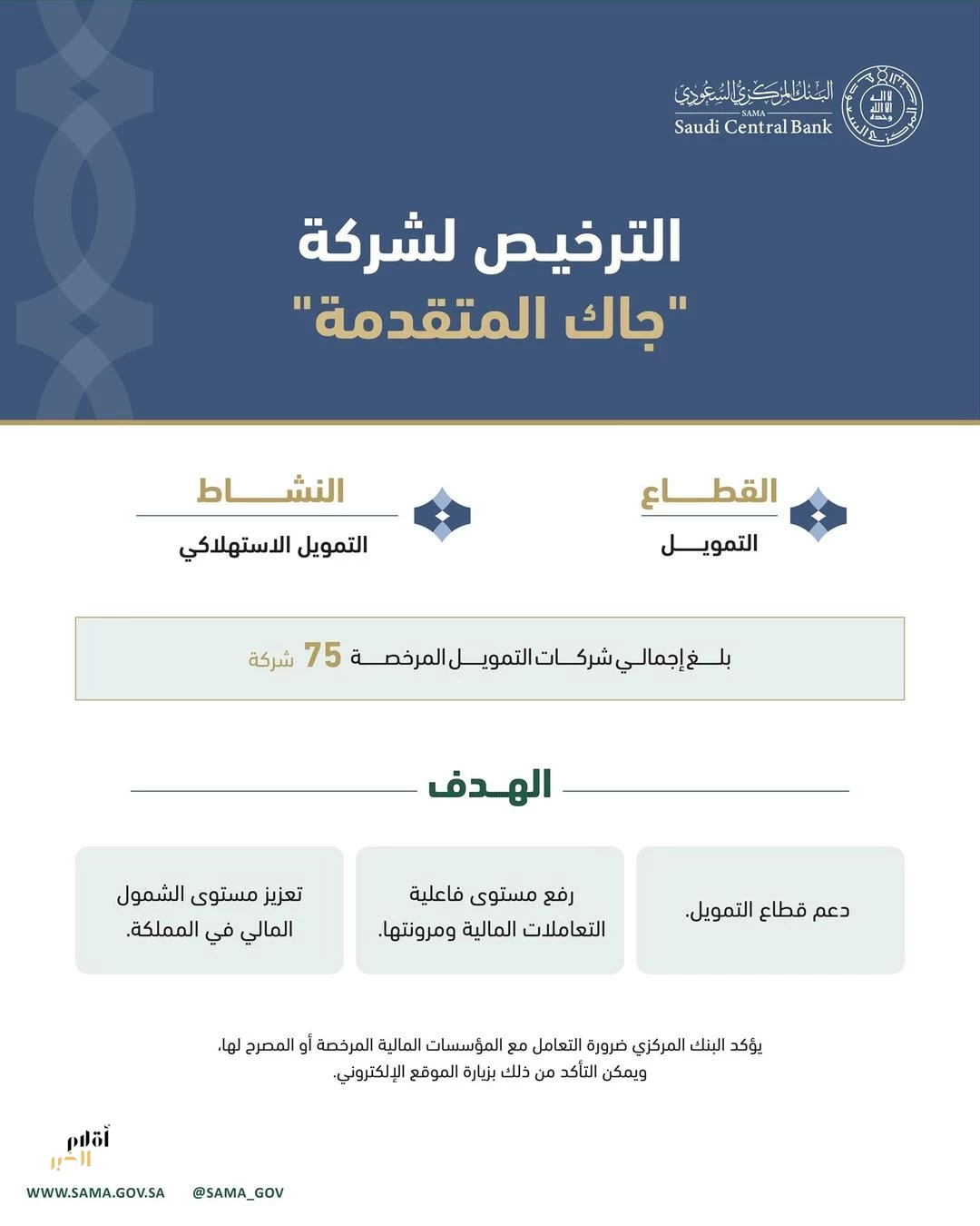 البنك المركزي السعودي يرخص لشركة "جاك المتقدمة" لمزاولة نشاط التمويل الاستهلاكي