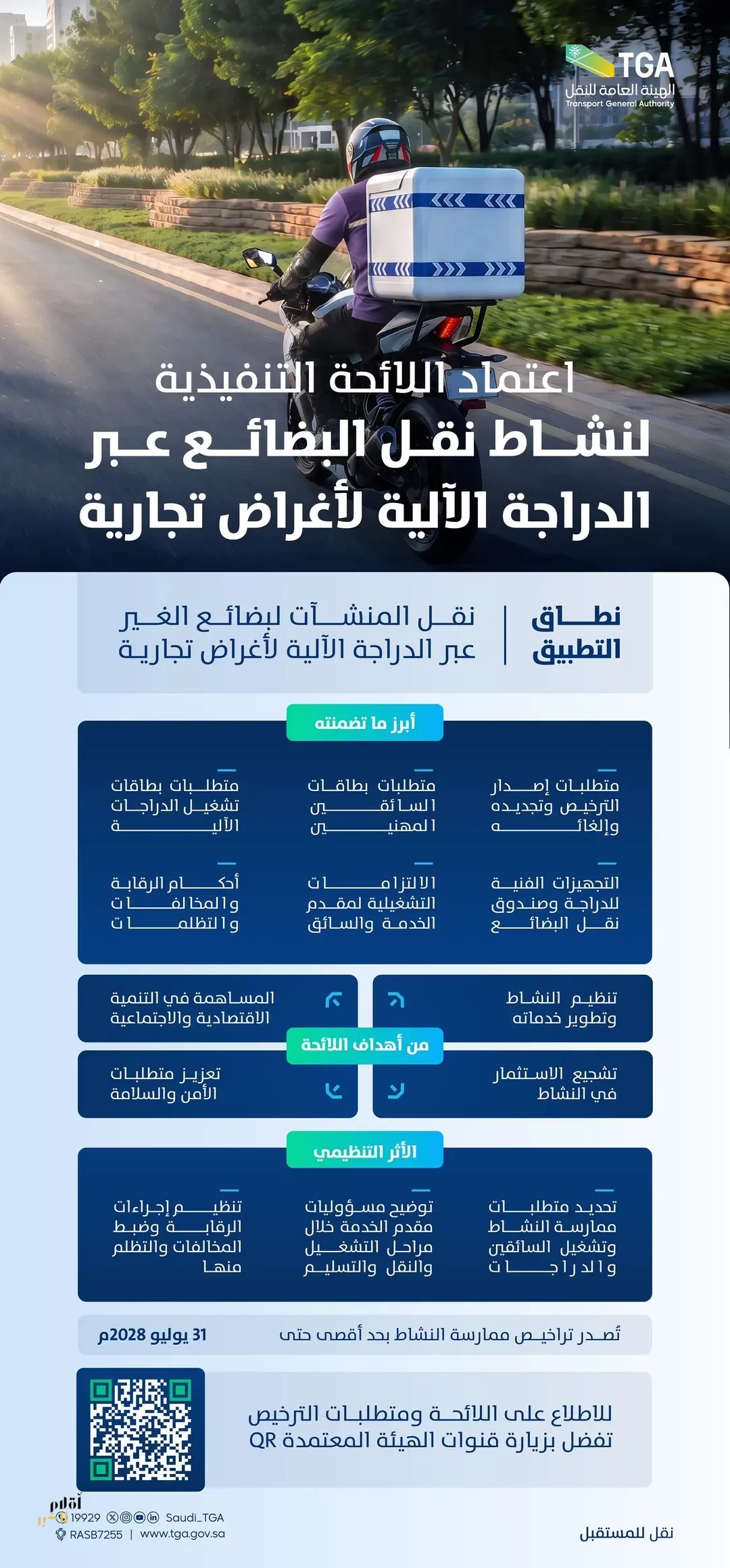 الهيئة العامة للنقل تصدر اللائحة التنفيذية لنشاط نقل البضائع عبر الدراجة الآلية لأغراض تجارية