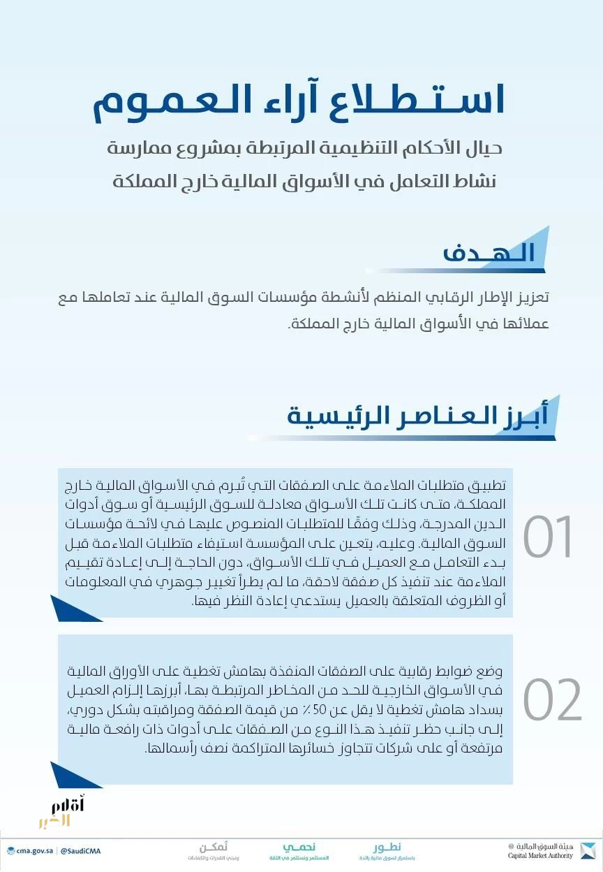 هيئة السوق المالية تستطلع آراء العموم حيال الأحكام التنظيمية المرتبطة بمشروع ممارسة نشاط التعامل في الأسواق المالية خارج المملكة