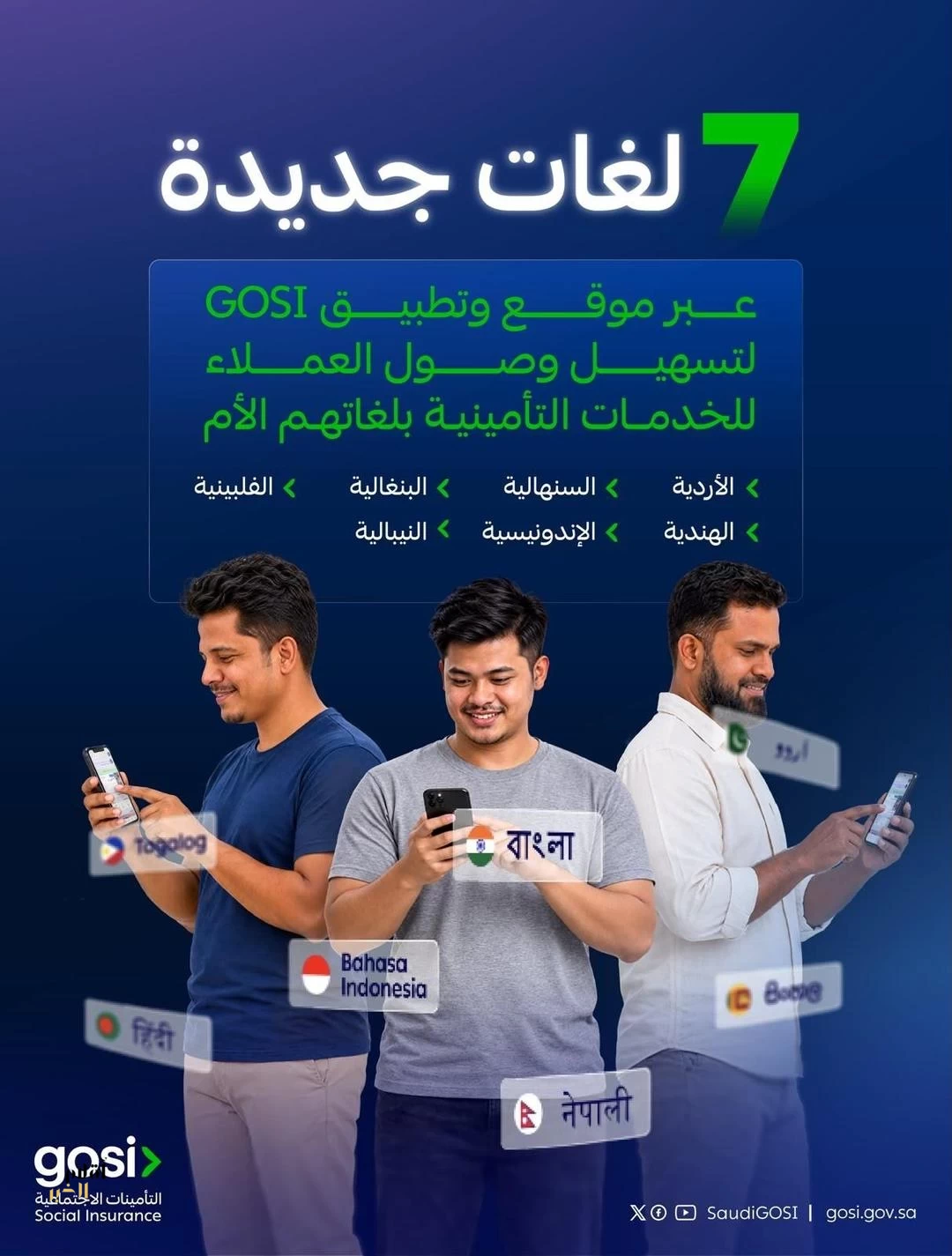 "التأمينات الاجتماعية" تتيح خدماتها الرقمية بـ7 لغات جديدة عبر موقع وتطبيق GOSI