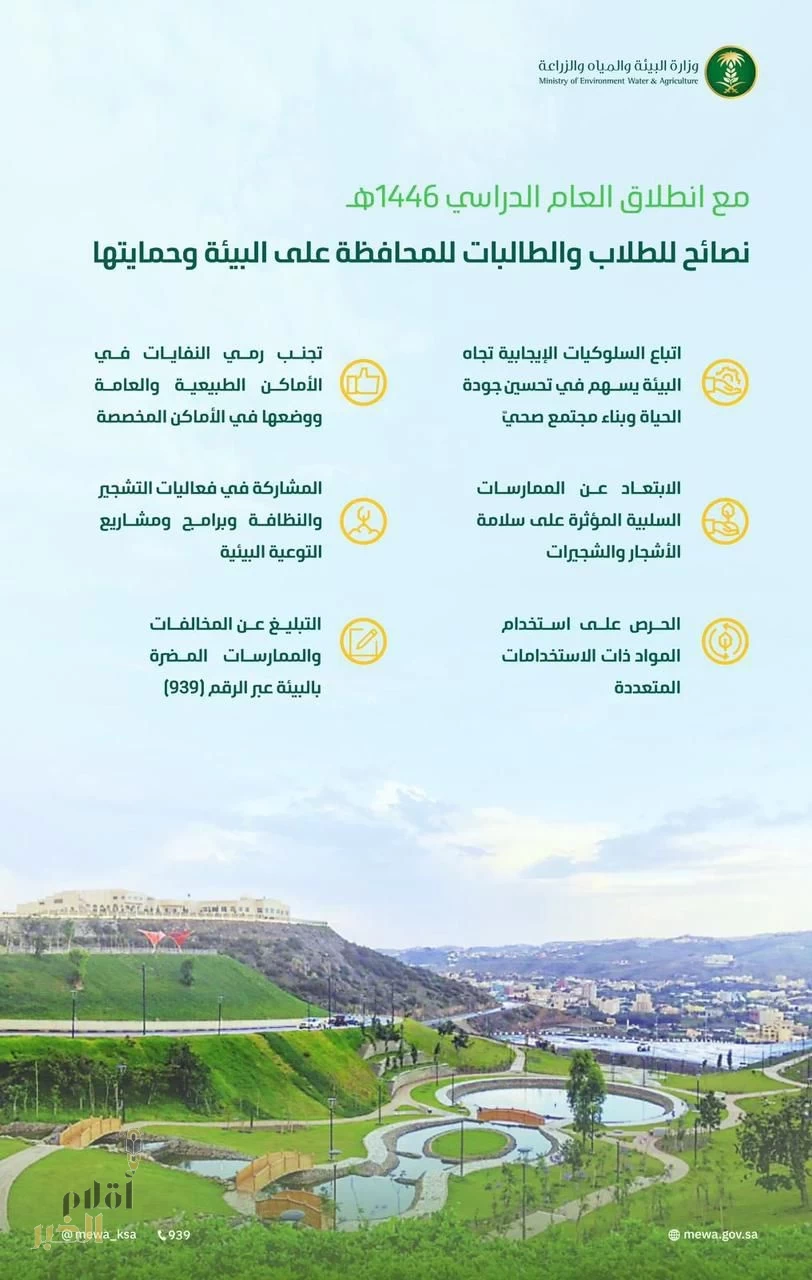 مع بداية العام الدراسي.. "البيئة" للطلاب والأسر: اتباع السلوكيات الإيجابية تجاه البيئة يسهم في تحسين جودة الحياة وبناء مجتمع صحيّ