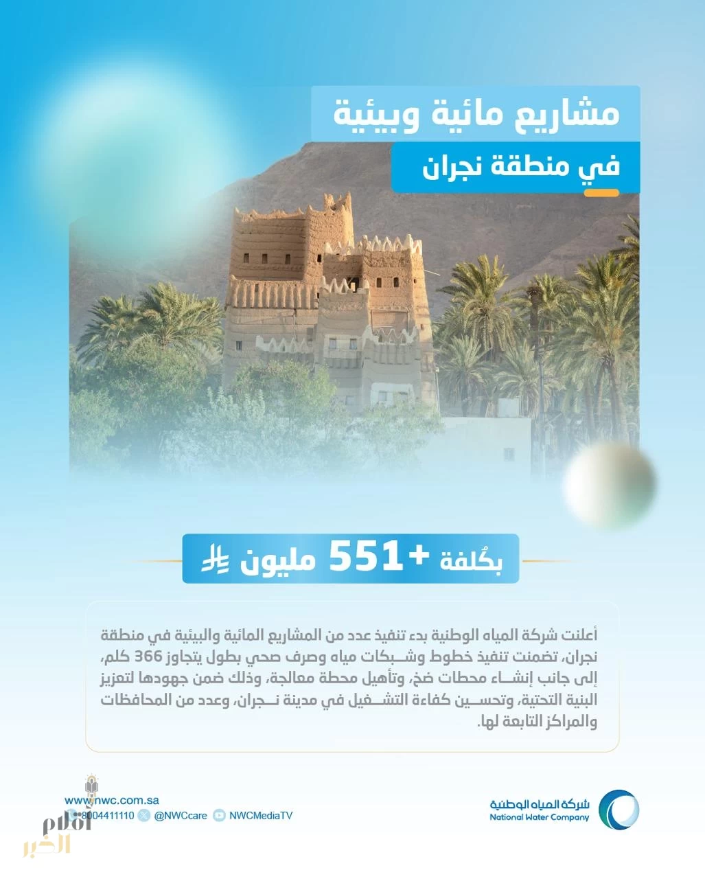 المياه الوطنية تبدأ تنفيذ 9 مشاريع مائية وبيئية في نجران بأكثر من 551 مليون ريال