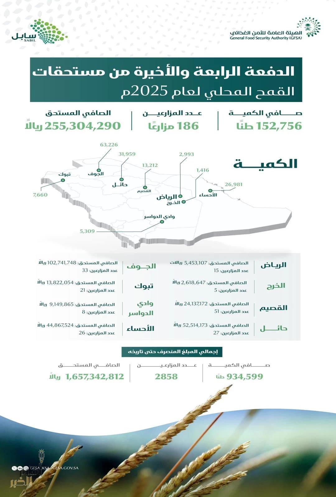 الأمن الغذائي: صرف 255 مليون ريال مستحقات الدفعة الرابعة والأخيرة لهذا العام لمزارعي القمح المحلي