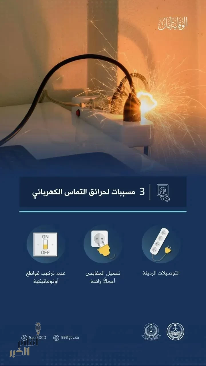 الدفاع المدني: (3) مسببات لحرائق التماس الكهربائي