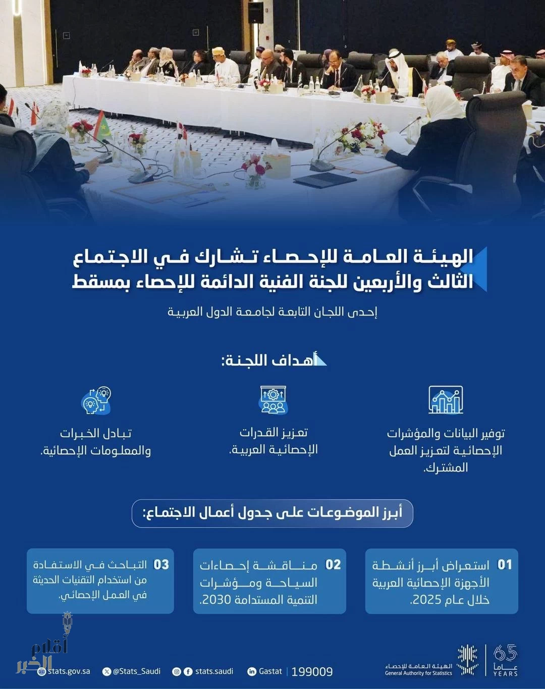 الهيئة العامة للإحصاء تشارك في الاجتماع الثالث والأربعين للجنة الفنية الدائمة للإحصاء بمسقط