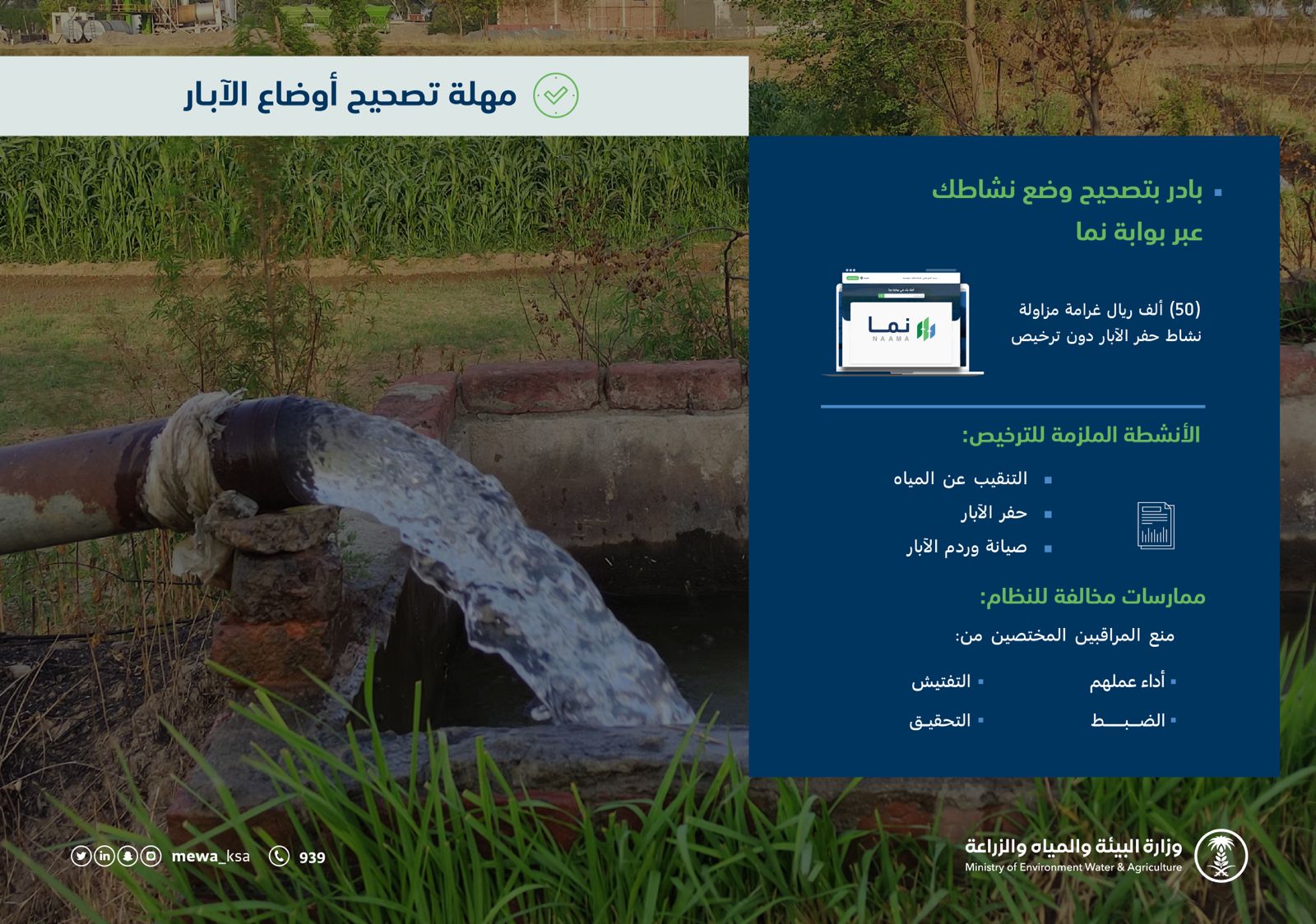 "البيئة" تجدد دعوتها لتصحيح أوضاع مزاولي نشاط مهنة حفر الآبار غير المرخصين