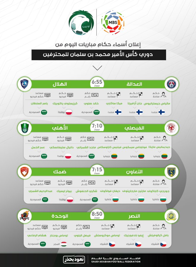 #اتحاد_القدم يعلن أسماء حكام مباريات اليوم من دوري كأس الأمير محمد بن سلمان للمحترفين