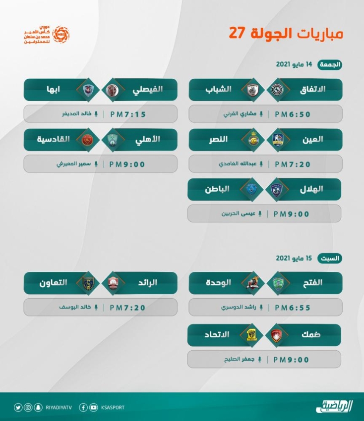 الهلال والشباب والعين يواجهون الباطن والاتفاق والنصر اليوم في دوري المحترفين
