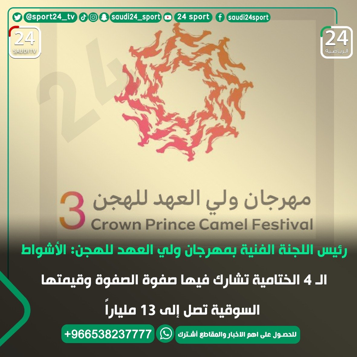 رئيس اللجنة الفنية بمهرجان ولي العهد للهجن: الأشواط الـ 4 الختامية تشارك فيها صفوة الصفوة وقيمتها السوقية ب 13 مليار