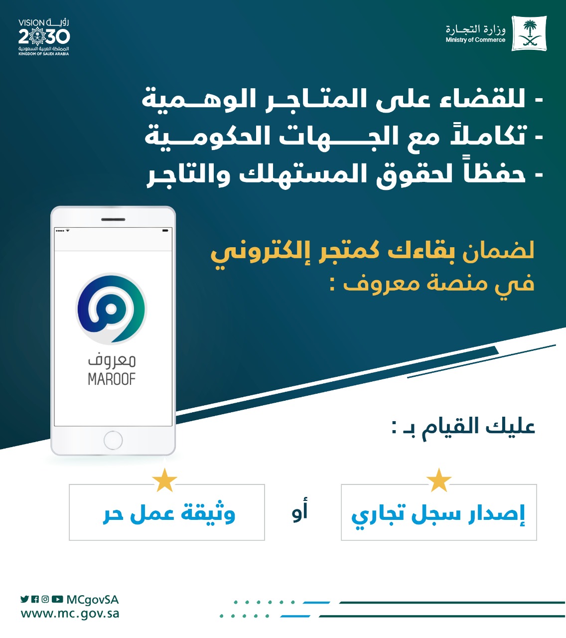 التجارة: ضرورة حصول المتاجر المسجلة في "معروف" على السجل التجاري أو وثيقة العمل الحر ليكون عملها نظامي